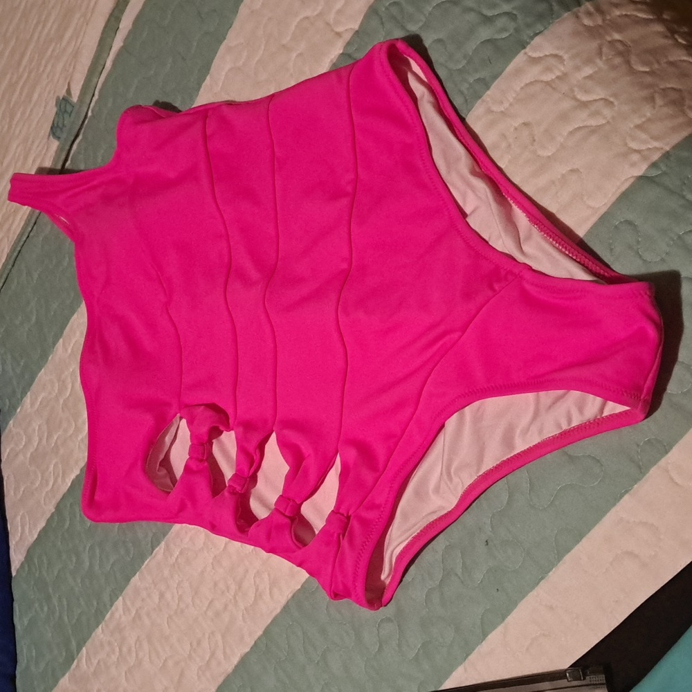 Hilinker One Piece Swimsuit Pink with cutout and One Shoulder Strap